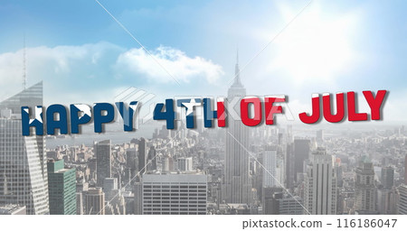 Text reading Happy 4th of July overlays city skyline 116186047
