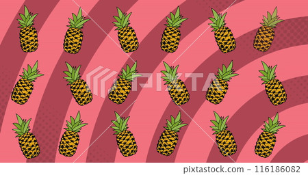 Pineapples resting on pink and red striped background Pineapples resting on pink and red striped background 116186082