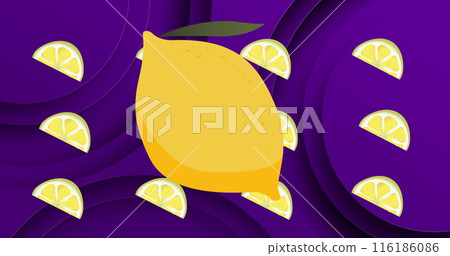 Large yellow lemon and several lemon slices are resting on purple background Large yellow lemon and several lemon slices are resting on purple background 116186086