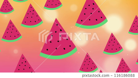 Watermelon slices with seeds are floating on vibrant pink and orange background 116186088