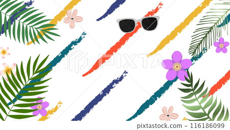 Sunglasses lying on vibrant tropical leaves and flowers Sunglasses lying on vibrant tropical leaves and flowers 116186099