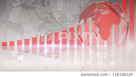 Red and pink graphs showing growth, with transparent globe in background 116186120