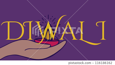 Hand holding lit oil lamp under DIWALI text on purple background 116186162