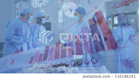 Diverse medical team wearing blue scrubs, performing surgery Diverse medical team wearing blue scrubs, performing surgery 116186191
