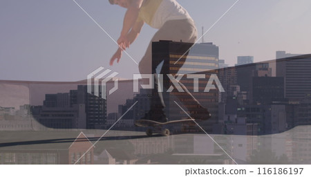 Caucasian male athlete/trainer wearing casual clothes is skateboarding Caucasian male athlete/trainer wearing casual clothes is skateboarding 116186197