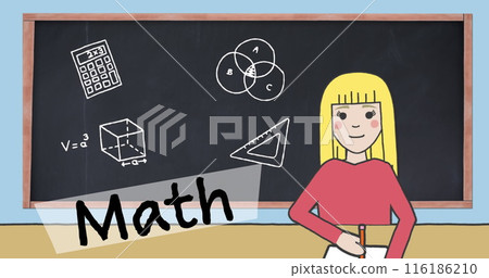 A blonde girl standing in front of black background, holding a piece of chalk A blonde girl standing in front of black background, holding a piece of chalk 116186210