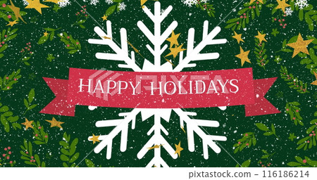 A snowflake design in white dominating center, surrounded by stars and leaves A snowflake design in white dominating center, surrounded by stars and leaves 116186214