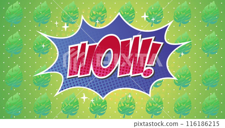 Bright comic-style WOW! text popping against leafy green background 116186215