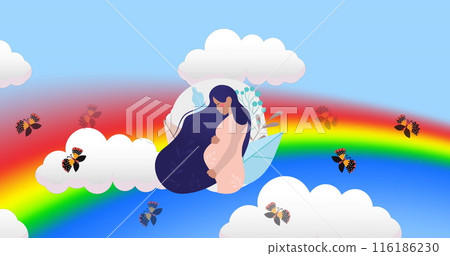 Woman with long hair in paper boat floats above clouds near rainbow, holding flowers Woman with long hair in paper boat floats above clouds near rainbow, holding flowers 116186230