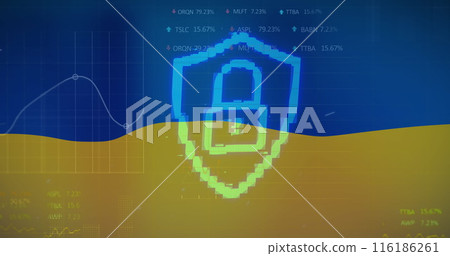 Blue digital shield with lock symbol overlays financial graphs and data Blue digital shield with lock symbol overlays financial graphs and data 116186261
