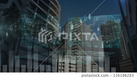 Digital graphics overlaying cityscape, displaying data and networks Digital graphics overlaying cityscape, displaying data and networks 116186283