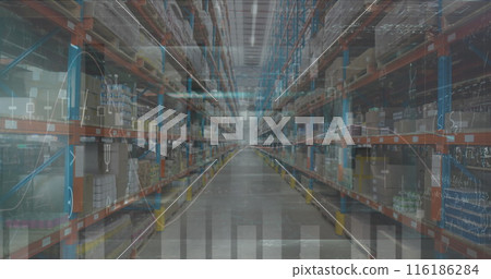 Rows of shelves in warehouse holding various boxes Rows of shelves in warehouse holding various boxes 116186284