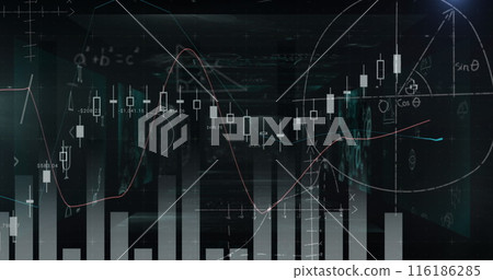 Complex mathematical formulas and graphs overlaying digital screen Complex mathematical formulas and graphs overlaying digital screen 116186285