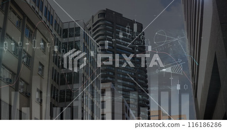 Modern buildings standing tall, overlaid with futuristic graphics Modern buildings standing tall, overlaid with futuristic graphics 116186286