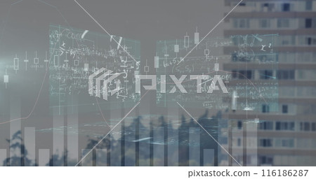 Mathematical equations and diagrams floating over cityscape Mathematical equations and diagrams floating over cityscape 116186287