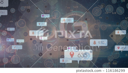 Floating digital icons and numbers are overlaying blurred background 116186299