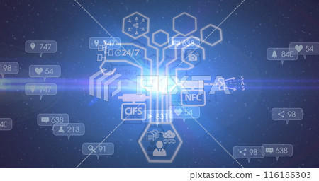 Digital icons and numbers float against a blue background with light rays 116186303