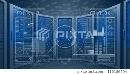 Blue digital interface displaying various graphs and numerical data dominates view 116186304