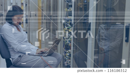 Middle-aged Caucasian woman sitting in server room, working on laptop 116186312
