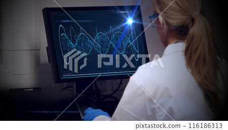 Caucasian scientist examining complex data on monitor 116186313