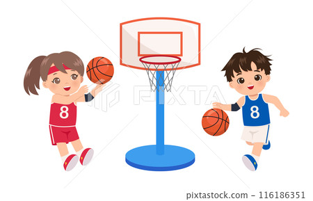 Cute boy and girl playing basketball clipart 116186351
