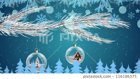Frosty branches holding three sparkling ornaments Frosty branches holding three sparkling ornaments 116186375