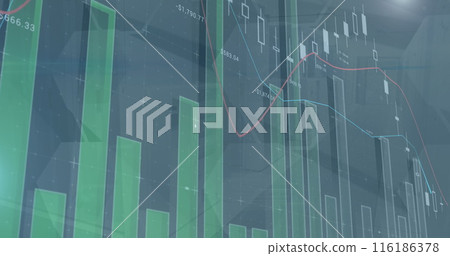 Green and red graphs displaying market trends on screen 116186378