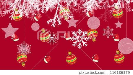 Snowflakes and colorful ornaments adorn a vibrant red background 116186379