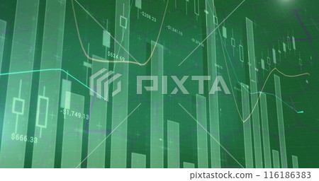 Screen shows green and white lines, numbers indicating stock market trends 116186383