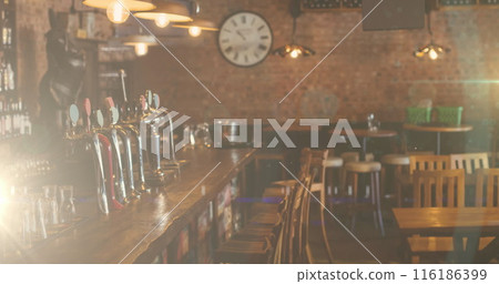Warm lights illuminating empty wooden bar stools and tables Warm lights illuminating empty wooden bar stools and tables 116186399
