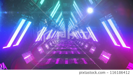 Bright purple and blue lights are illuminating futuristic corridor 116186412