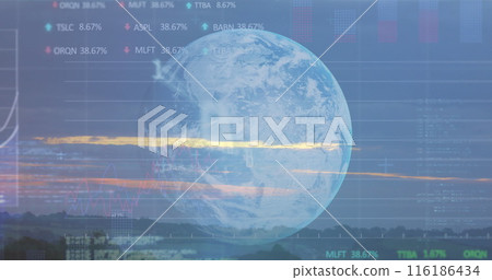 Transparent globe overlaying financial data displays, showing stock percentages 116186434
