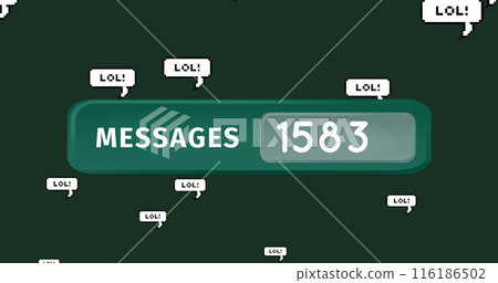 Green background displaying MESSAGES 1583 surrounded by speech bubbles saying LOL 116186502