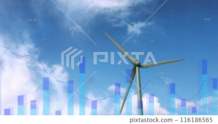 Wind turbine against blue background, displaying data graphs Wind turbine against blue background, displaying data graphs 116186565