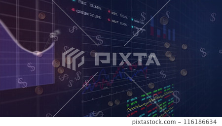 Two screens displaying financial data and stock market trends Two screens displaying financial data and stock market trends 116186634