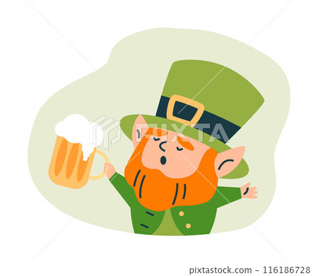 Vector for St. Patrick's Day, a leprechaun character holds a beer and sings Vector for St. Patrick's Day, a leprechaun character holds a beer and sings 116186728