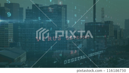 Neon letters spelling VIRUS DETECTED hover over cityscape at night Neon letters spelling VIRUS DETECTED hover over cityscape at night 116186730