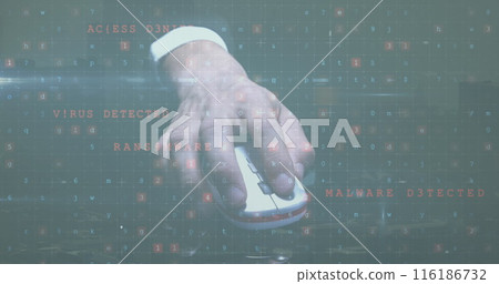 Hand with mouse hovers over screen displaying cybersecurity threats Hand with mouse hovers over screen displaying cybersecurity threats 116186732