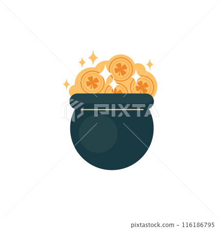 Pot of golden coin with clover leaf, Leprechaun treasure, fairy wealth, game money, vector St. Patricks day lucky symbol 116186795