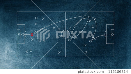 Coaches analyzing soccer strategy board, noting player movements 116186814