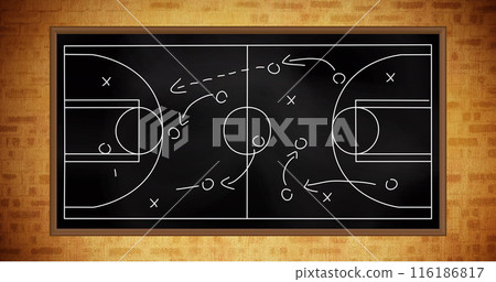 A school basketball strategy board displaying play diagrams A school basketball strategy board displaying play diagrams 116186817