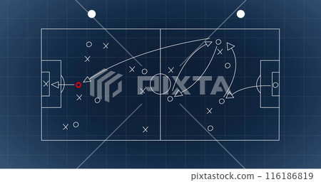 Coach explaining soccer tactics on blue background, players listening 116186819