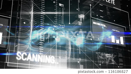 Image of red and skull over data processing on interface Image of red and skull over data processing on interface 116186827