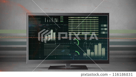 Image of red and white technology background over over diverse data on desk 116186831