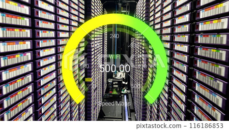 Image of data processing and server room over speedometer Image of data processing and server room over speedometer 116186853