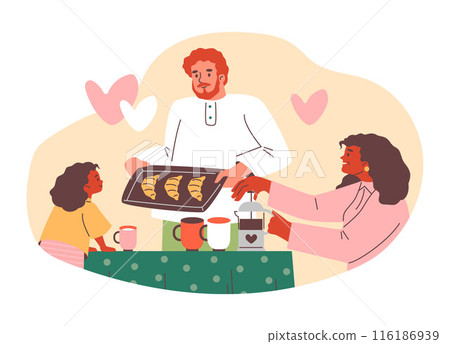 Happy family enjoying dad's croissants for breakfast. 116186939