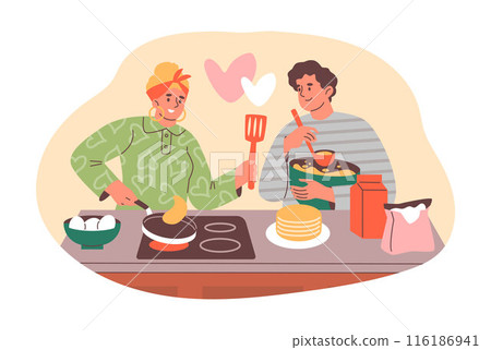 Mother and son cooking pancakes in vector scene. Flat isolated sticker. 116186941