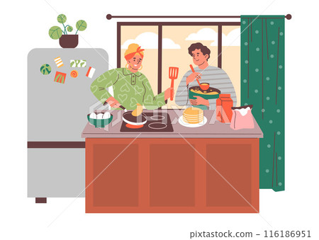 Vector of family cooking pancakes together. Flat style. Vector of family cooking pancakes together. Flat style. 116186951