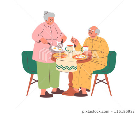 Scene of an elderly couple having a family breakfast. Isolated background. 116186952