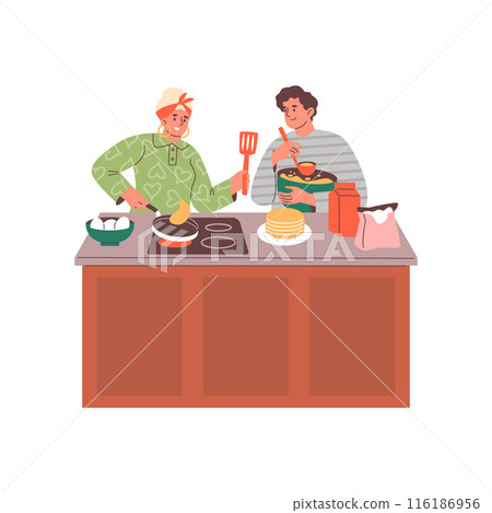 Vector of mother and son preparing pancakes. Isolated background. Vector of mother and son preparing pancakes. Isolated background. 116186956